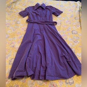 Laura Ashley 1970s Fit and Flare Dark Navy Floral Patterned Midi Dress